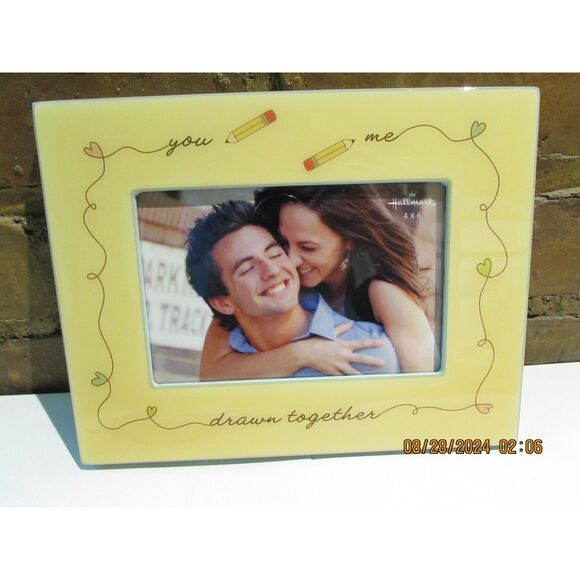 HALLMARK 4X6 PICTURE FRAME NEW YOU ME DRAWN TOGETHER YELLOW HEARTS PENCILS - Picture 1 of 9